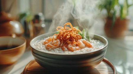 A delightful bowl of shrimp porridge is served hot, topped with crispy fried onions and fresh vegetables, perfect for a nutritious meal at any time.の素材