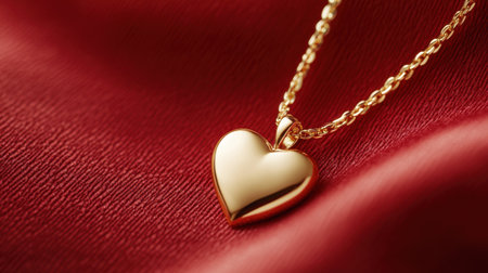 This image features an elegant gold heart pendant necklace resting on luxurious red fabric. Perfect for showcasing jewelry in fashion promotions or romantic gifts.の素材