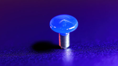 This image features a close-up view of a vibrant blue screw set against a dark background, highlighting its shiny surface and unique design.の素材