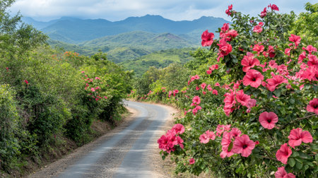 A picturesque road winds through a lush green landscape, adorned with vibrant pink flowers. Majestic mountains rise in the background, creating a serene escape.の素材