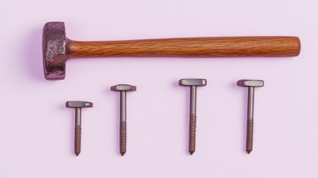 This image features a wooden handle hammer placed next to a set of metal screws on a soft pink background, showcasing essential tools for DIY and construction projects.の素材