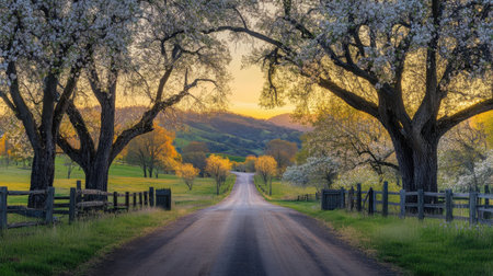 A peaceful country road surrounded by blossoming trees and vibrant fields at sunrise, showcasing the stunning beauty of nature in a serene landscape.の素材