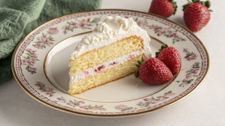 A tempting slice of vanilla cake topped with whipped cream and fresh strawberries on a decorative plate, perfect for desserts and celebrations.の素材