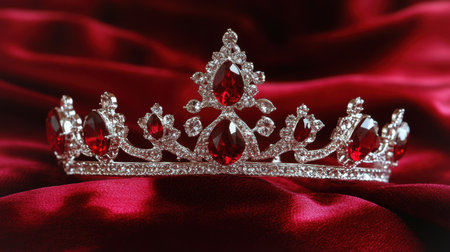 This stunning tiara features intricate designs with gleaming red gemstones and sits elegantly on plush red velvet, perfect for photos or special occasions.の素材