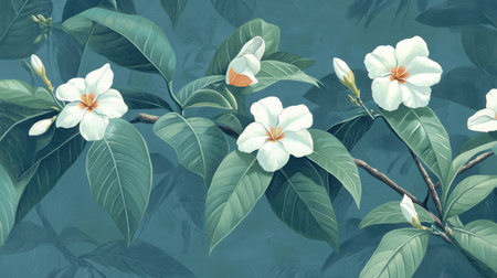 This captivating image features delicate white flowers with lush green leaves set against a serene blue background, perfect for botanical design.の素材