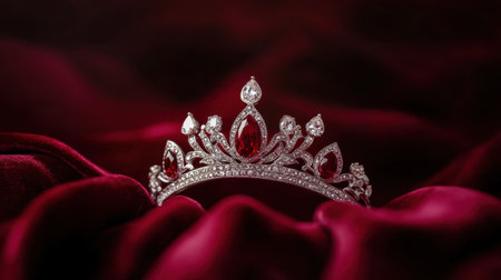 This stunning silver tiara features intricate designs adorned with captivating red gemstones. The luxurious velvet background enhances its elegance and beauty.の素材