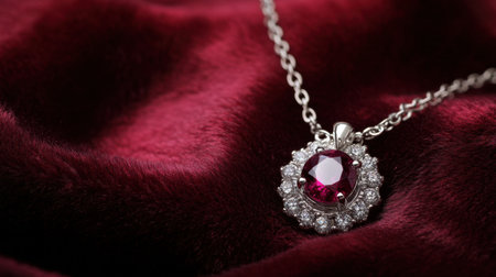 Captivating ruby pendant necklace featuring a halo of sparkling diamonds, elegantly resting on soft red velvet fabric, perfect for luxurious jewelry displays.の素材