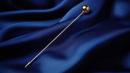 This image features an elegant gold lapel pin positioned on luxurious navy blue satin, highlighting its sophisticated design and shiny texture, perfect for fashion.の素材