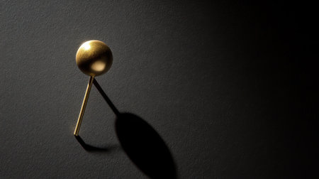 A minimalist brass pin stands out against a dark background, enhanced by soft lighting that casts intriguing shadows, creating an elegant and stylish visual impression.の素材