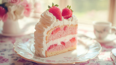 A beautifully presented slice of strawberry layer cake with whipped cream and fresh strawberries, perfect for special occasions and dessert lovers.の素材