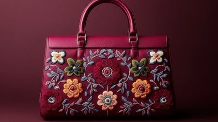 This stylish maroon handbag showcases exquisite floral embroidery, featuring vibrant colors that create a striking appeal. Ideal for fashion lovers.の素材
