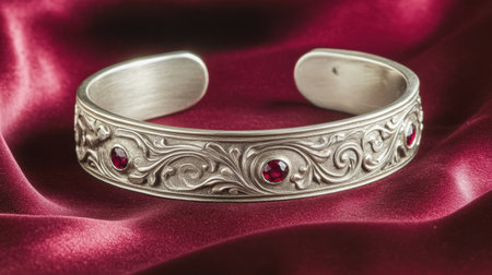 A stunning silver cuff bracelet featuring intricate designs and red gemstones, resting elegantly on a rich satin fabric backdrop, perfect for stylish accessories.の素材