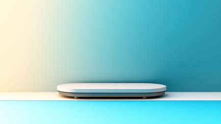 A sleek and modern display stand set against a vibrant gradient background, perfect for showcasing products or creative displays in any branding project.の素材