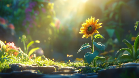 A stunning single sunflower stands tall amidst a lush garden backdrop, illuminated by gentle sunlight, creating a serene and vibrant scene that embodies nature's beauty.の素材