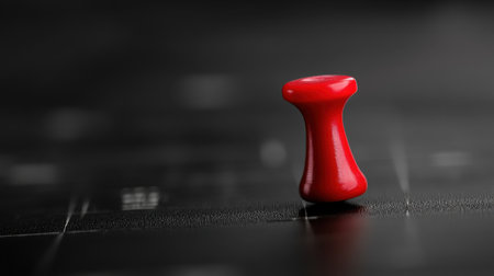 This close-up image features a vibrant red push pin set against a sleek black background, perfect for portraying office organization and creativity.の素材