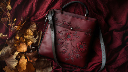 A chic burgundy handbag featuring exquisite floral embroidery rests elegantly on a textured fabric backdrop alongside autumn leaves, showcasing style and craftsmanship.の素材