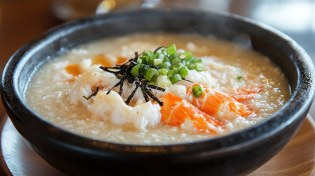 A warm and comforting bowl of seafood congee featuring tender shrimp and vibrant green onions, perfect for meals or snacks, showcasing culinary skills.の素材