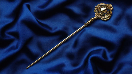 This stunning antique hairpin features intricate golden detailing, beautifully showcased against a luxurious deep blue satin fabric, ideal for fashion enthusiasts.の素材