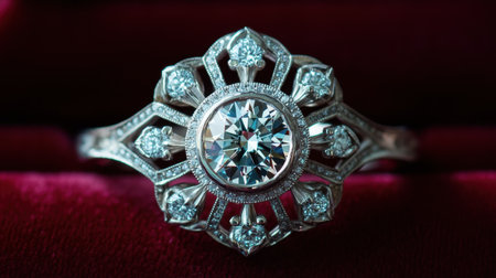 This stunning vintage engagement ring features a brilliant diamond centerpiece crafted in an ornate design, set against a luxurious red velvet background.の素材