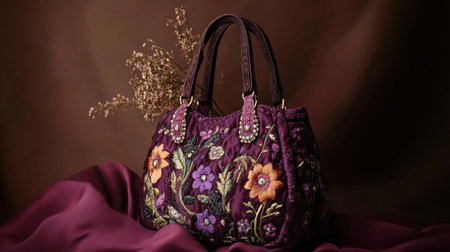 This elegant handcrafted purple bag features exquisite floral embroidery, making it a perfect accessory for fashion enthusiasts and stylish occasions.の素材