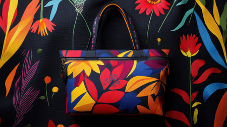 This image features a stylish handbag adorned with a striking floral pattern, set against a vibrant background showcasing bold leaves and flowers. Perfect for fashion enthusiasts.の素材