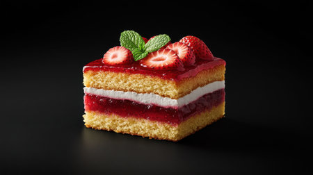 A delectable slice of strawberry layer cake featuring layers of sponge, cream, and gelatin, garnished with fresh strawberries and mint, set against a black background.の素材