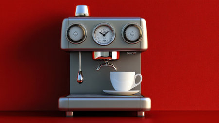 A modern silver espresso machine positioned elegantly with a white coffee cup on a warm, vibrant red background, perfect for kitchen decor or culinary themes.の素材