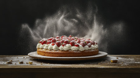 A mouthwatering raspberry cream cake beautifully displayed on a rustic wooden table, lightly dusted with powdered sugar, offering an inviting dessert experience.の素材