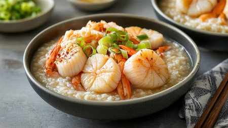 A sumptuous seafood rice bowl featuring succulent shrimp and scallops, beautifully garnished with fresh green onions, perfect for any meal occasion.の素材