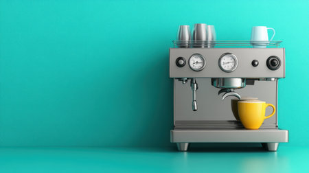 A sleek, modern espresso machine sits on a turquoise countertop, ready for brewing. A cozy yellow cup adds a pop of color, ideal for coffee enthusiasts.の素材