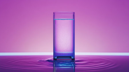 A clear glass filled with water stands on a smooth reflective surface, illuminated by a colorful purple background, creating a serene and modern atmosphere.の素材