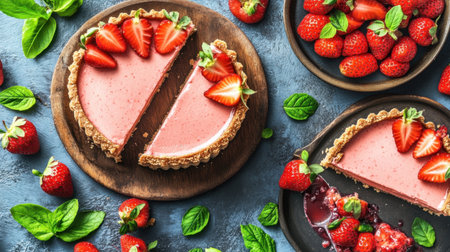Indulge in a beautiful strawberry tart, perfectly sliced and garnished with fresh strawberries and mint leaves, creating a vibrant and inviting dessert display.の素材