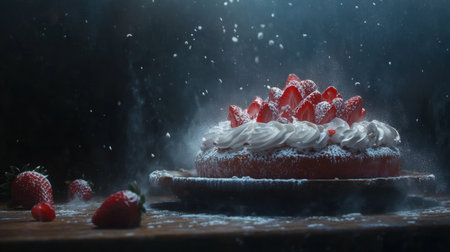 A stunning strawberry cake topped with fresh berries and creamy icing sits on a rustic wooden table, beautifully illuminated with soft light, creating an inviting dessert atmosphere.の素材