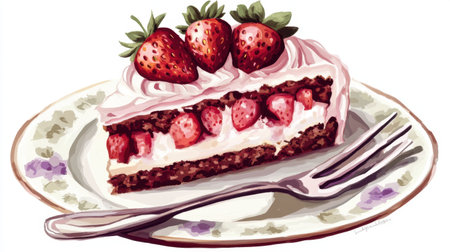 A delightful slice of strawberry cake showcasing rich layers of chocolate, creamy topping, and fresh strawberries, perfect for any sweet occasion.の素材