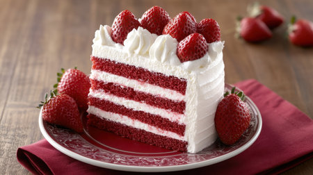 A tempting slice of red velvet cake decorated with plump strawberries and creamy whipped topping, perfect for any celebration or cozy gathering.の素材