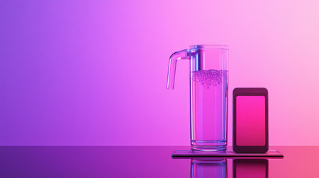 A sleek glass filled with refreshing water sits next to a modern smartphone on a gradient purple background, showcasing a blend of technology and hydration aesthetics.の素材