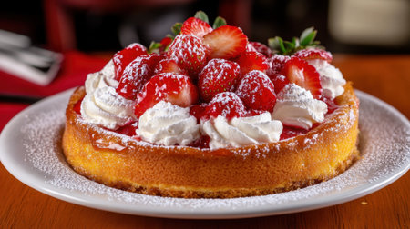Indulge in this delectable cheesecake topped with ripe strawberries and fluffy whipped cream, perfect for dessert lovers and special occasions.の素材