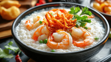 A steaming bowl of shrimp porridge garnished with fresh herbs and crispy onions, capturing the essence of comfort food in a rustic setting.の素材