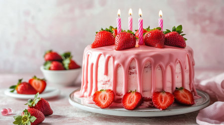 A beautiful pink strawberry cake adorned with fresh strawberries and decorative candles, perfect for celebrations and special occasions.の素材
