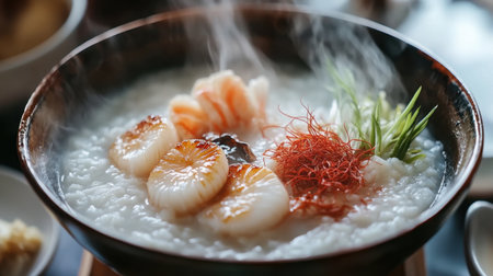 A steaming bowl of seafood rice featuring succulent scallops and shrimp, beautifully garnished with fresh herbs, perfect for culinary enthusiasts.の素材