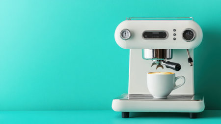 A stylish coffee machine brews a steaming cup of espresso against a vibrant teal backdrop, showcasing modern elegance and inviting comfort for coffee lovers.の素材