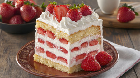 A beautifully presented slice of strawberry shortcake featuring layers of fluffy cake, fresh strawberries, and whipped cream, perfect for any celebration.の素材