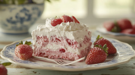 A beautiful slice of strawberry layered cake adorned with whipped cream and fresh strawberries, perfect for summer gatherings or special occasions.の素材