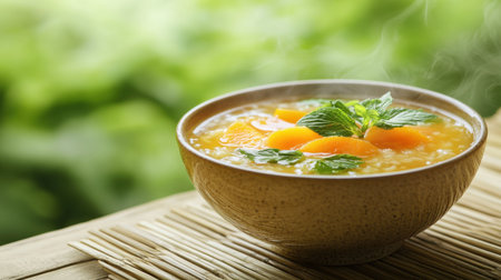 A vibrant and inviting bowl of fresh orange soup adorned with mint leaves, set against a beautifully blurred green background, emanating warmth and comfort.の素材