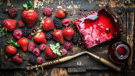 A vibrant assortment of fresh strawberries, raspberries, and blackberries is beautifully arranged on a rustic wooden surface, complemented by homemade jam in a glass jar.の素材