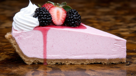 A visually appealing slice of creamy pink cheesecake featuring fresh strawberries and blackberries, elegantly decorated with whipped cream on a wooden surface.の素材