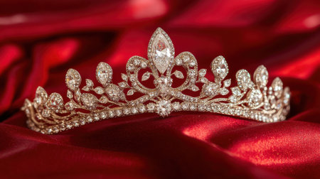 This image showcases an elegant silver tiara adorned with sparkling crystals, resting on rich red velvet fabric, symbolizing beauty and luxury.の素材
