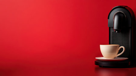 A modern coffee machine stands beside a cream-colored cup on a red background, ideal for evoking warmth, comfort, and coffee enjoyment. Perfect for cafの素材