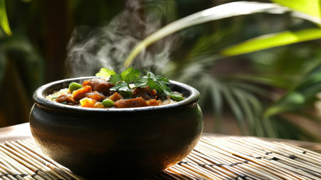 A close-up view of a steaming bowl of vegetarian curry showcases fresh herbs, vibrant colors, and enticing aromas, set against a lush green background.の素材
