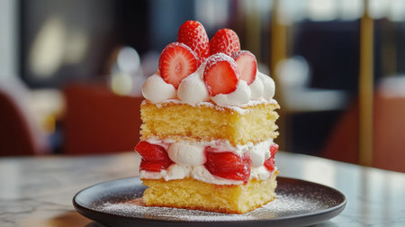 This mouthwatering layered cake features soft sponge, rich whipped cream, and juicy strawberries, perfect for any dessert lover's delight.の素材